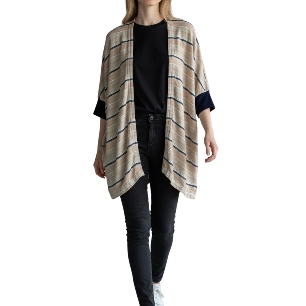 True Craft Womens Striped Kimono‎ Cardigan Peach Navy Blue Small Oversized Open